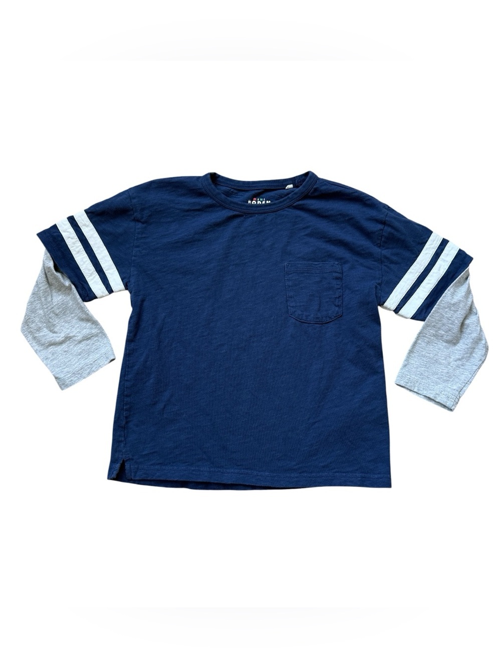 Mini Boden Boys Layered Look Pocket Tee Shirt Blue Gray Varsity Stripe 6-7Y
